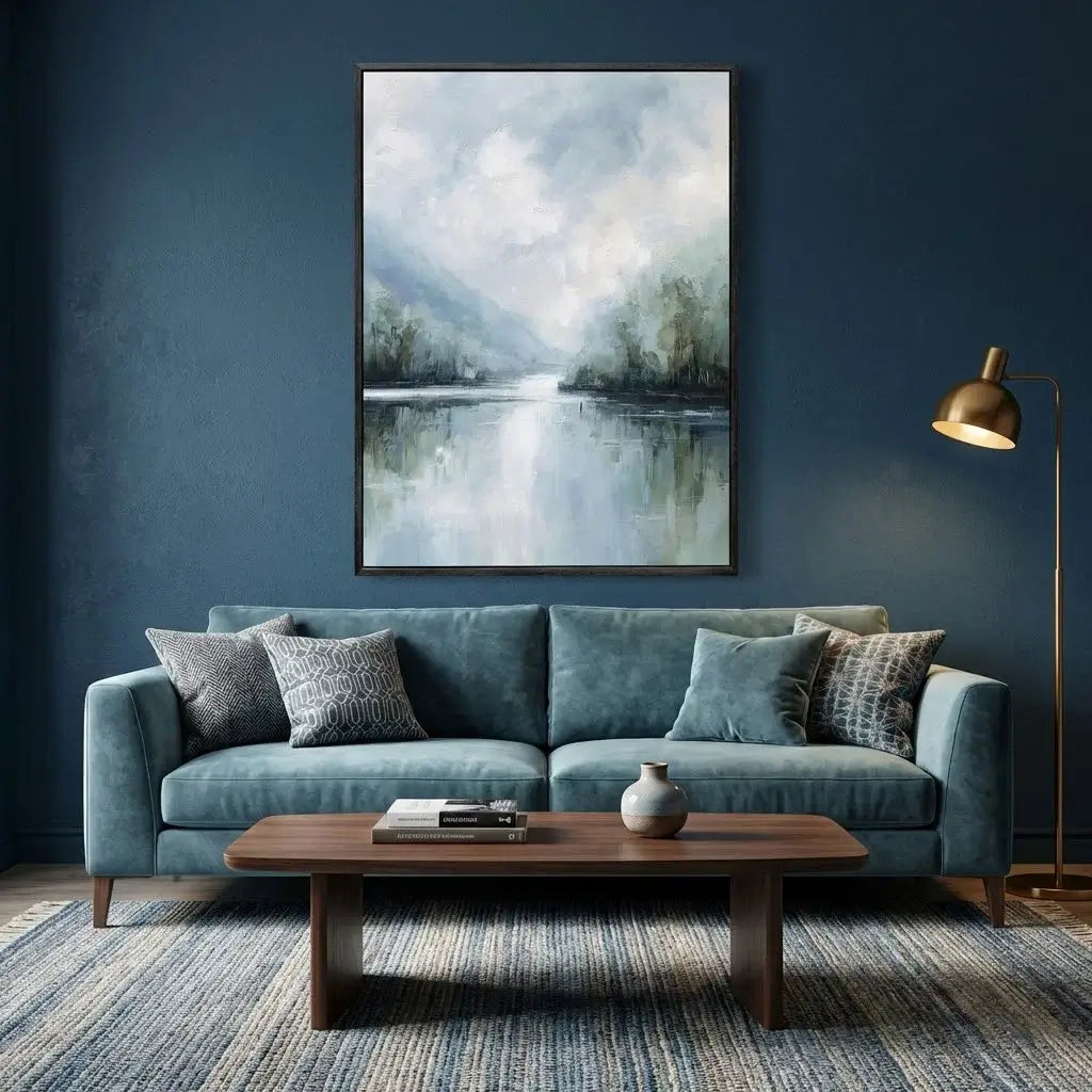 Living room with a blue sofa, wooden coffee table, and landscape painting on a dark blue wall.