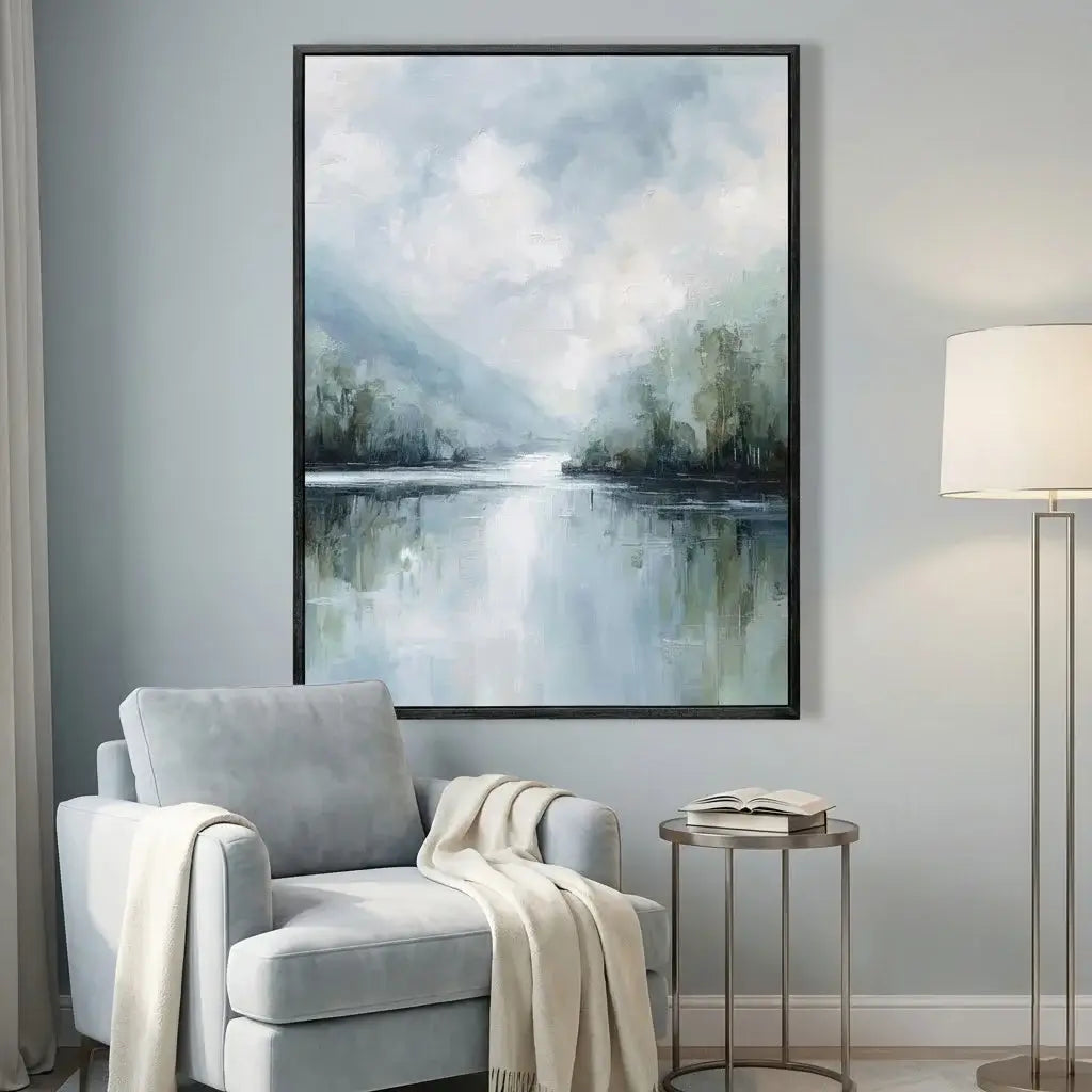 Framed landscape painting above a gray armchair in a room with a lamp and small table.