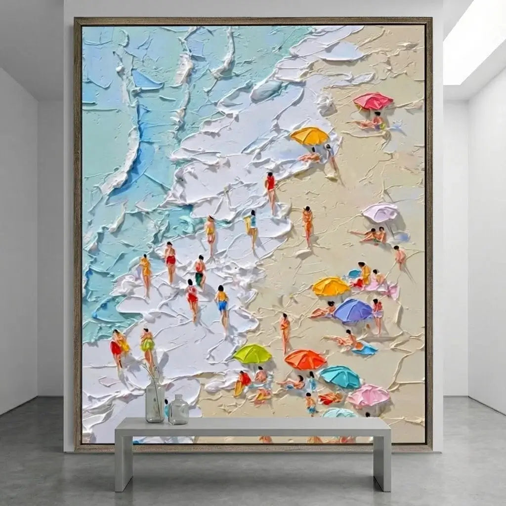 3D beach scene artwork with people and umbrellas in a minimalistic room.