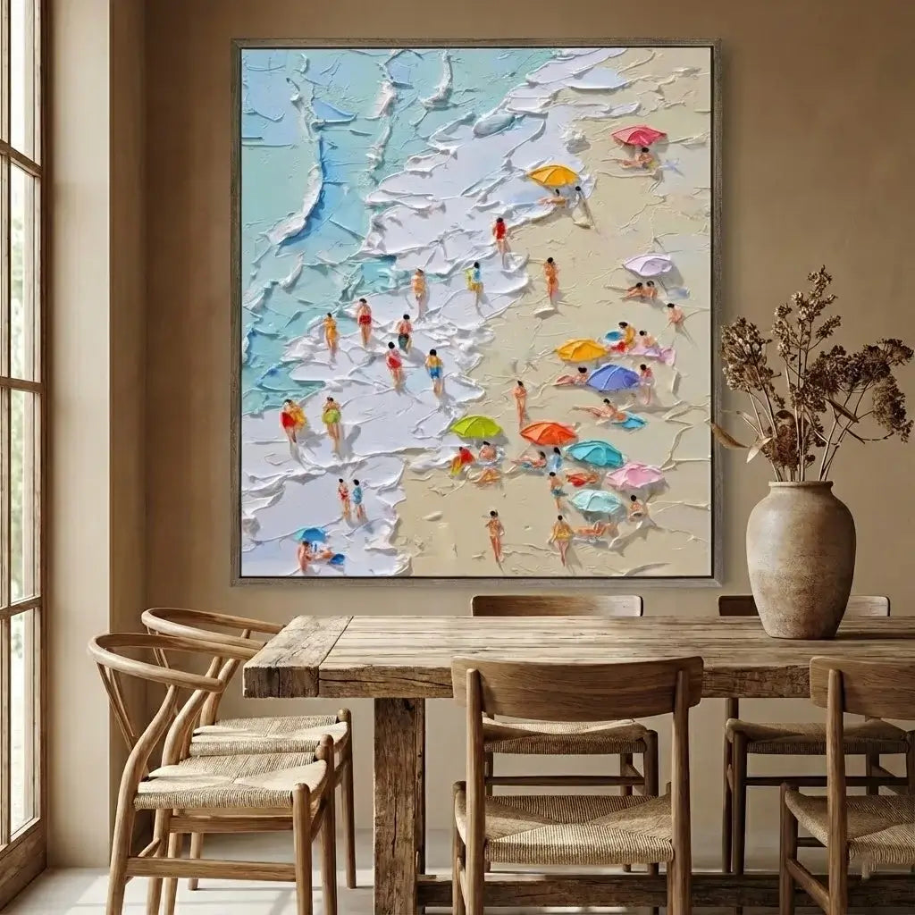 Dining room with a large abstract painting of people on a beach, wooden table, and chairs.