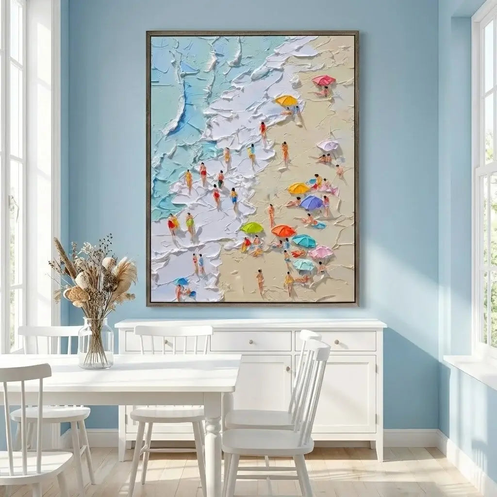 Dining room with a large abstract painting of a beach scene on a blue wall.
