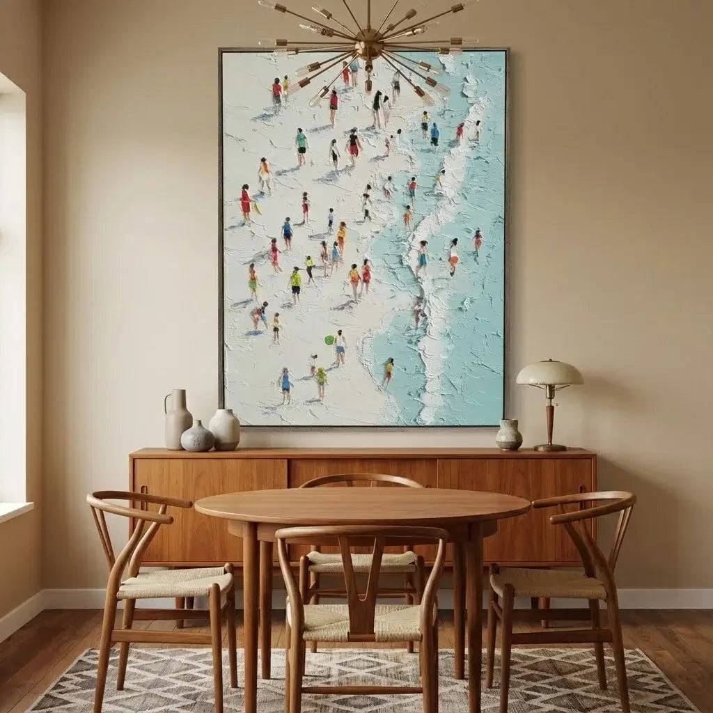 Dining room with wooden table and chairs, large wall art of a beach scene, and wooden cabinet.
