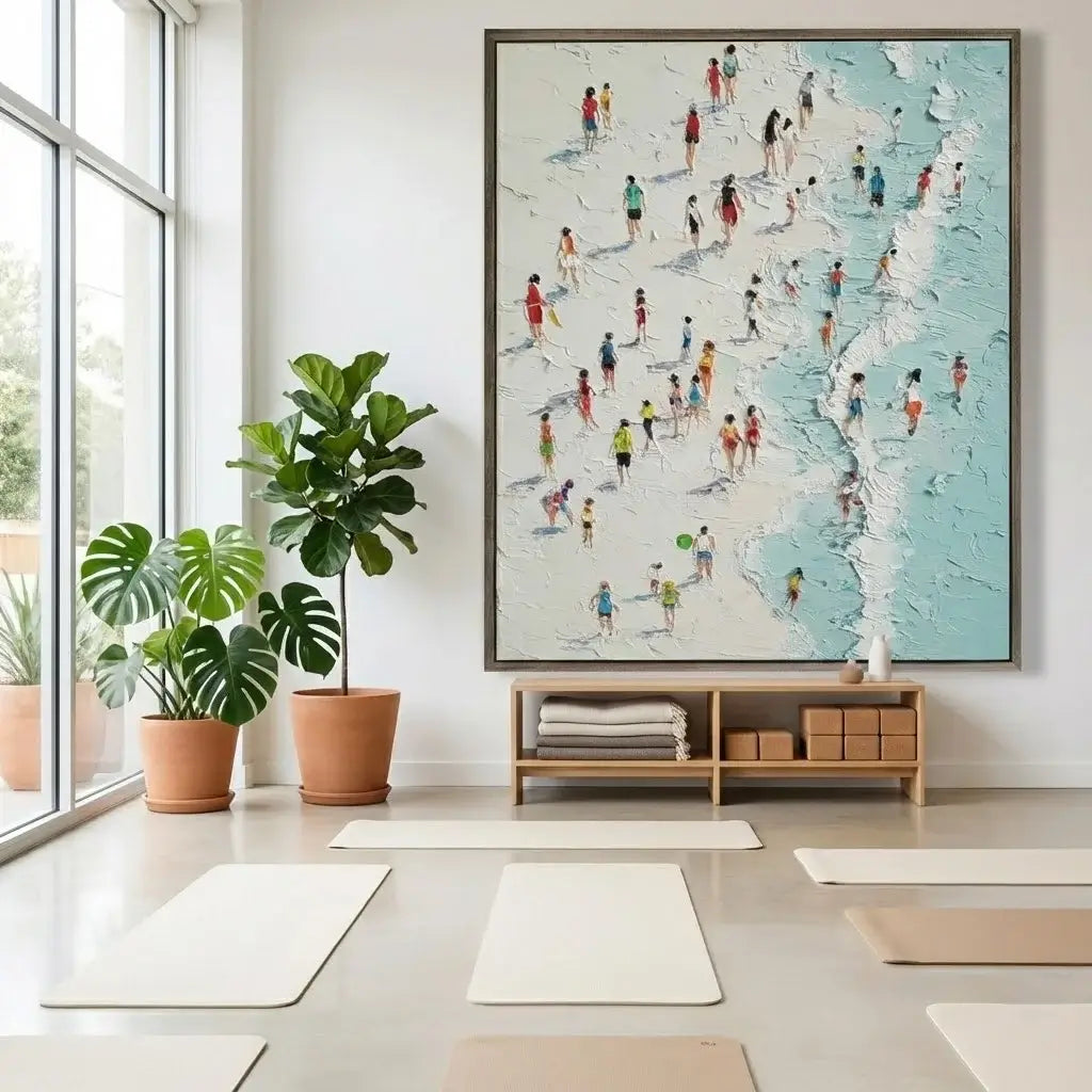 Modern living room with a large wall art piece, plants, and yoga mats.