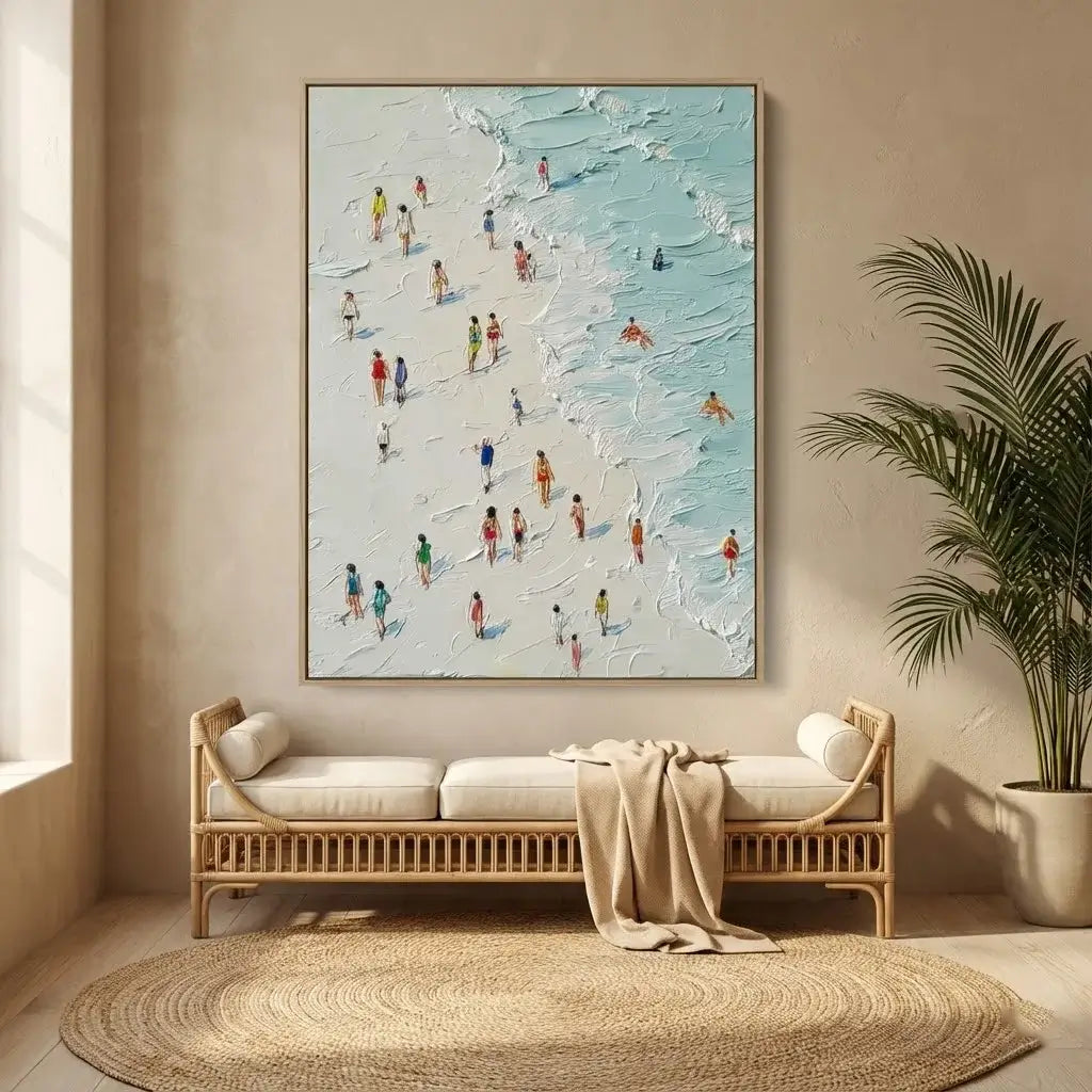 Beach scene painting on a wall above a wooden bench with cushions.