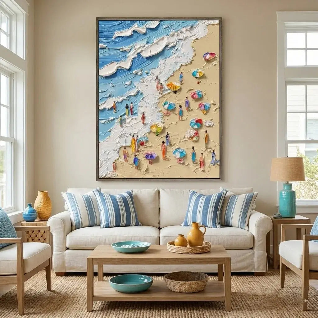 Living room with a beach-themed wall art above a beige sofa.