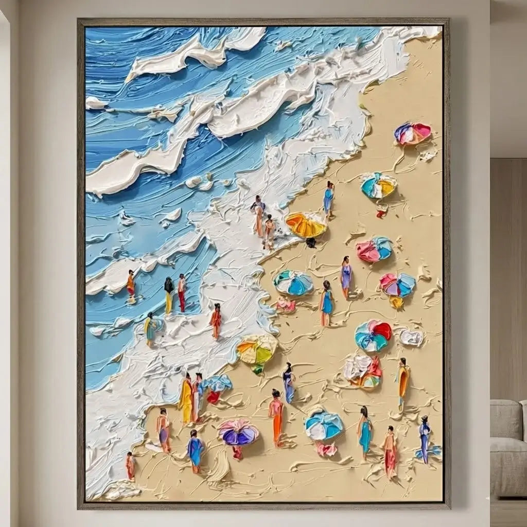 Framed artwork of a beach scene with people and colorful umbrellas.
