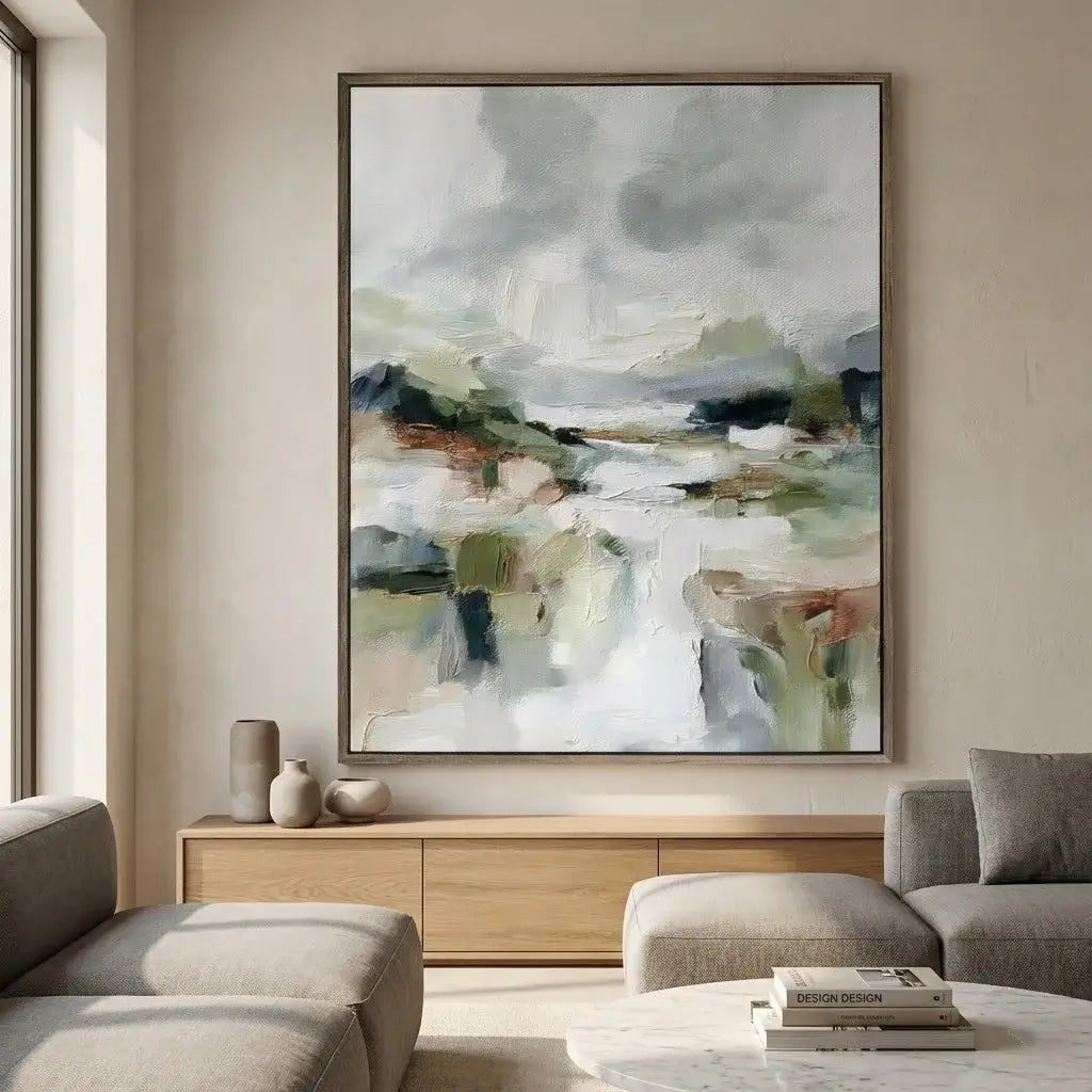 Abstract painting on a wall in a modern living room