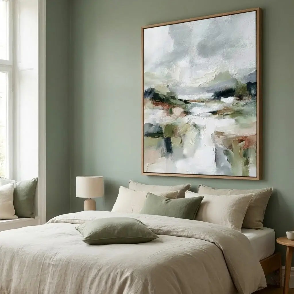 Bedroom with a large abstract painting on the wall, bed with pillows, and lamp.
