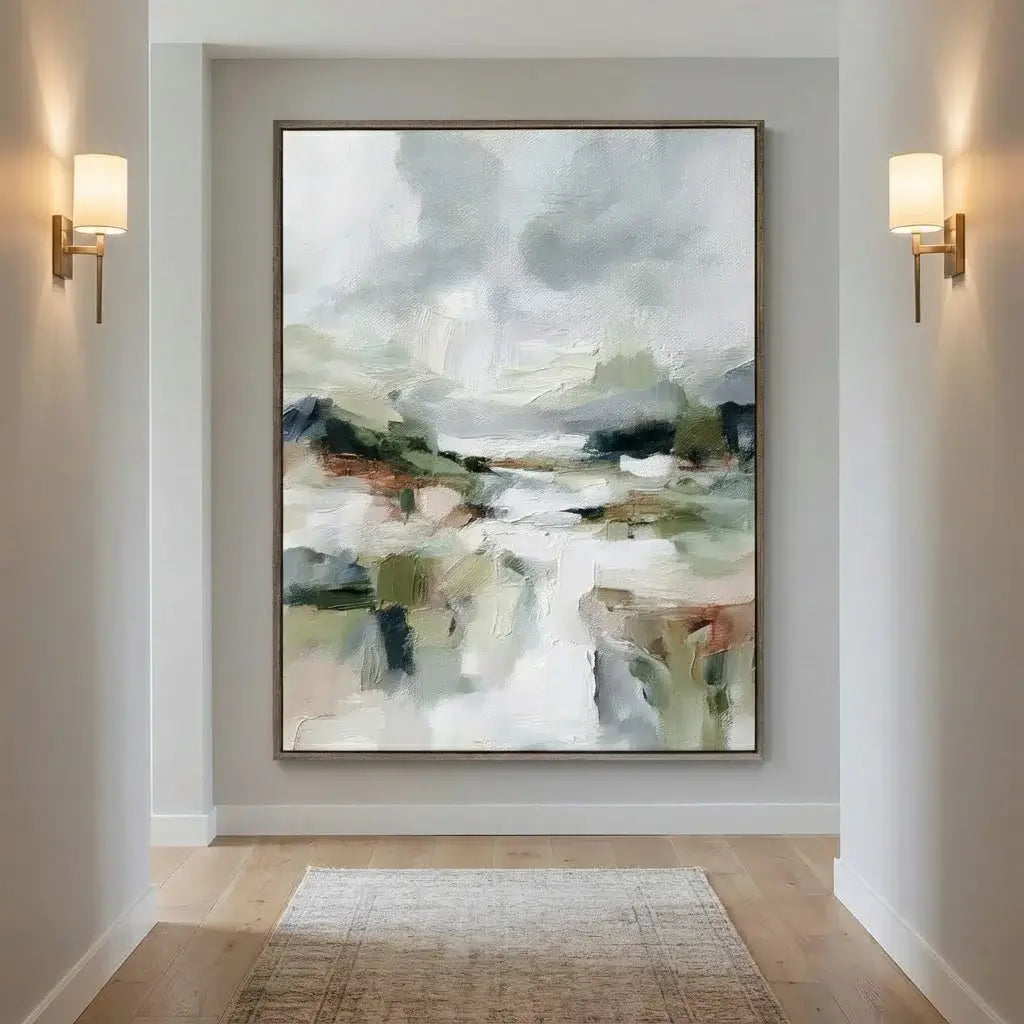 Abstract painting in a modern interior setting with wall lights and a rug.