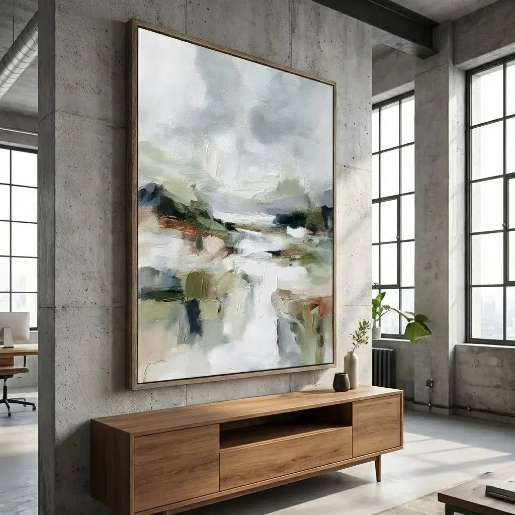 Abstract painting on a wall above a wooden console table in a modern room with large windows.