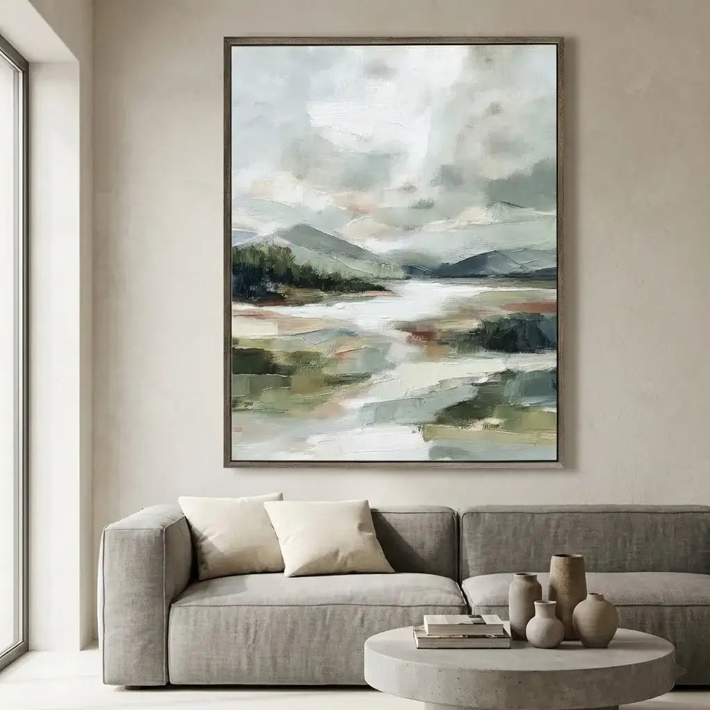 Framed abstract landscape painting above a sofa in a living room.