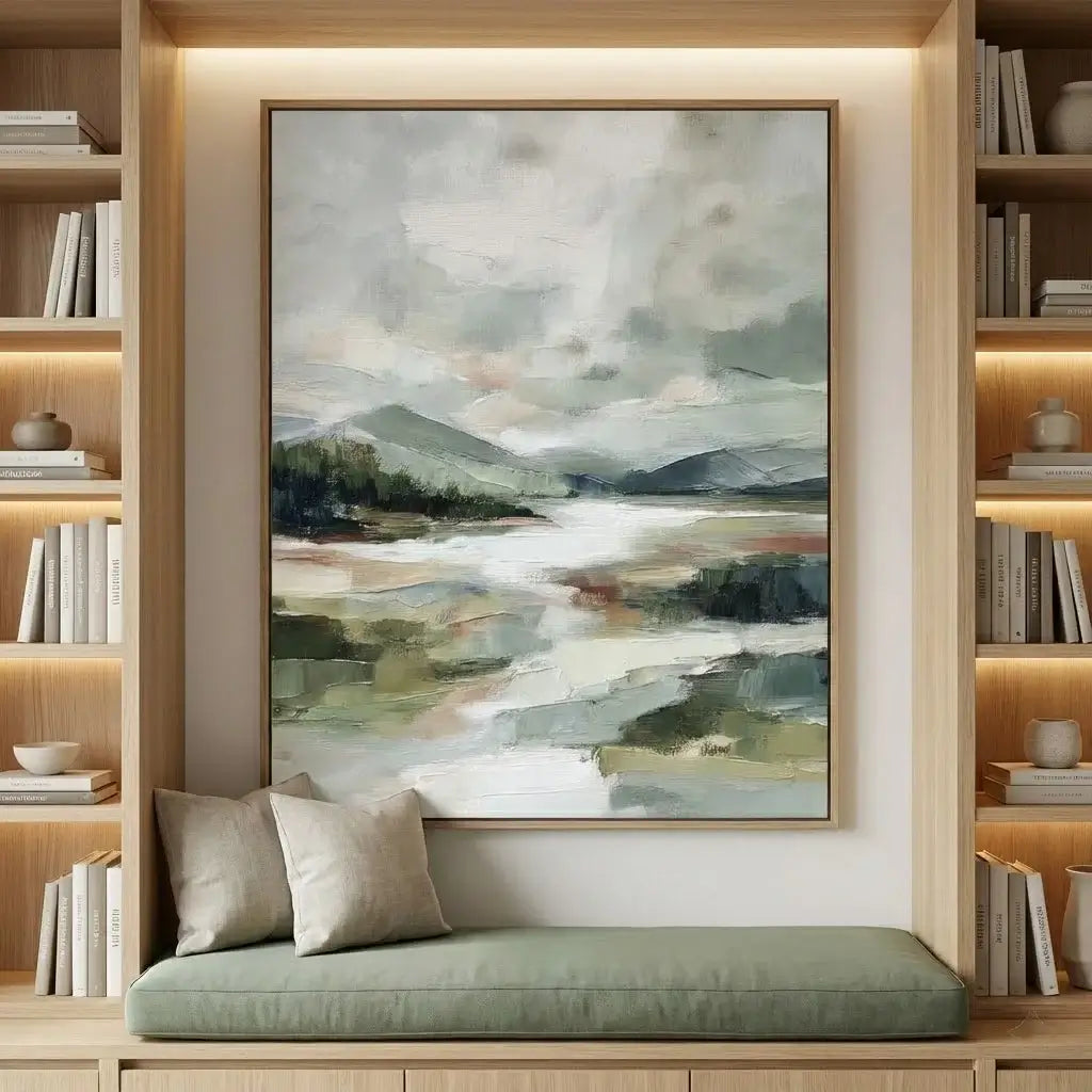 Abstract landscape painting in a wooden frame above a cushioned bench with bookshelves on either side.