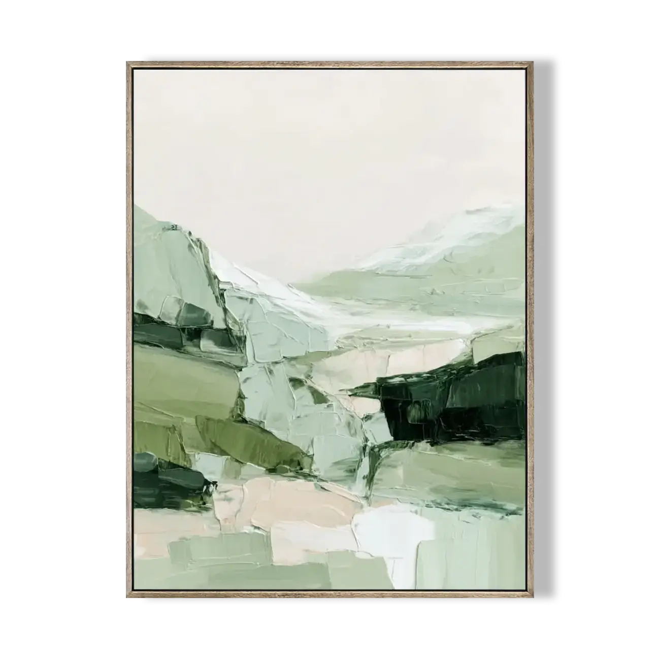Abstract art print with pastel colors in a gold frame on a white background