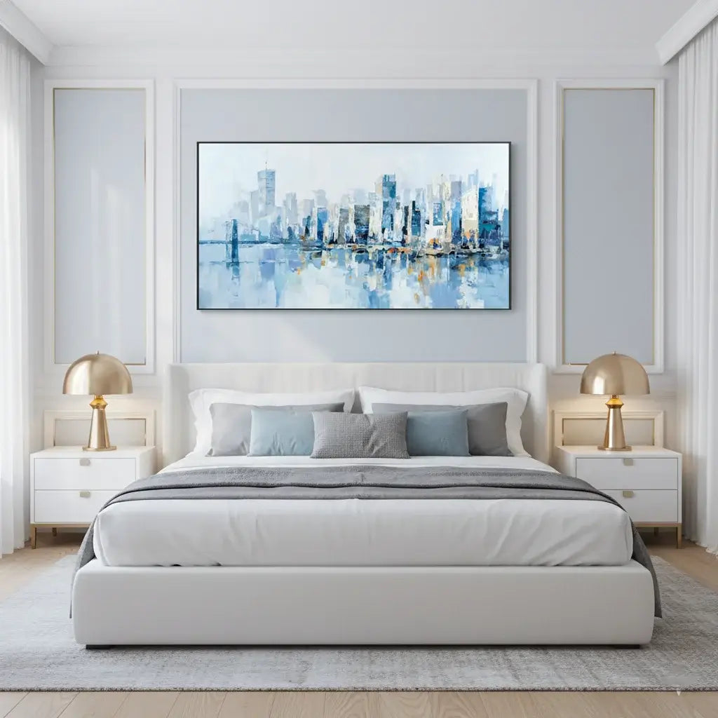 Modern bedroom with a bed, nightstands, and wall art depicting a cityscape.