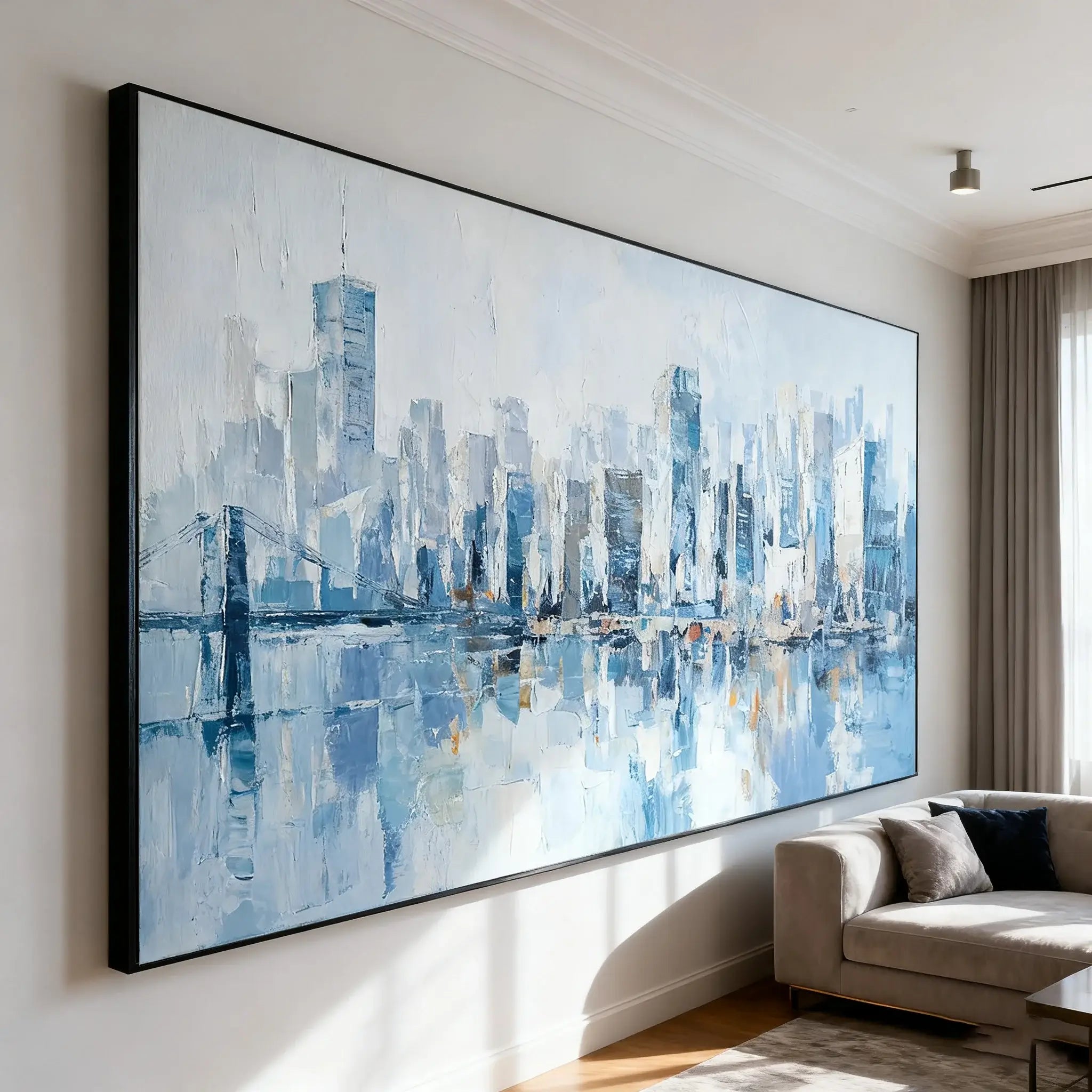 Large abstract cityscape painting in a modern living room.