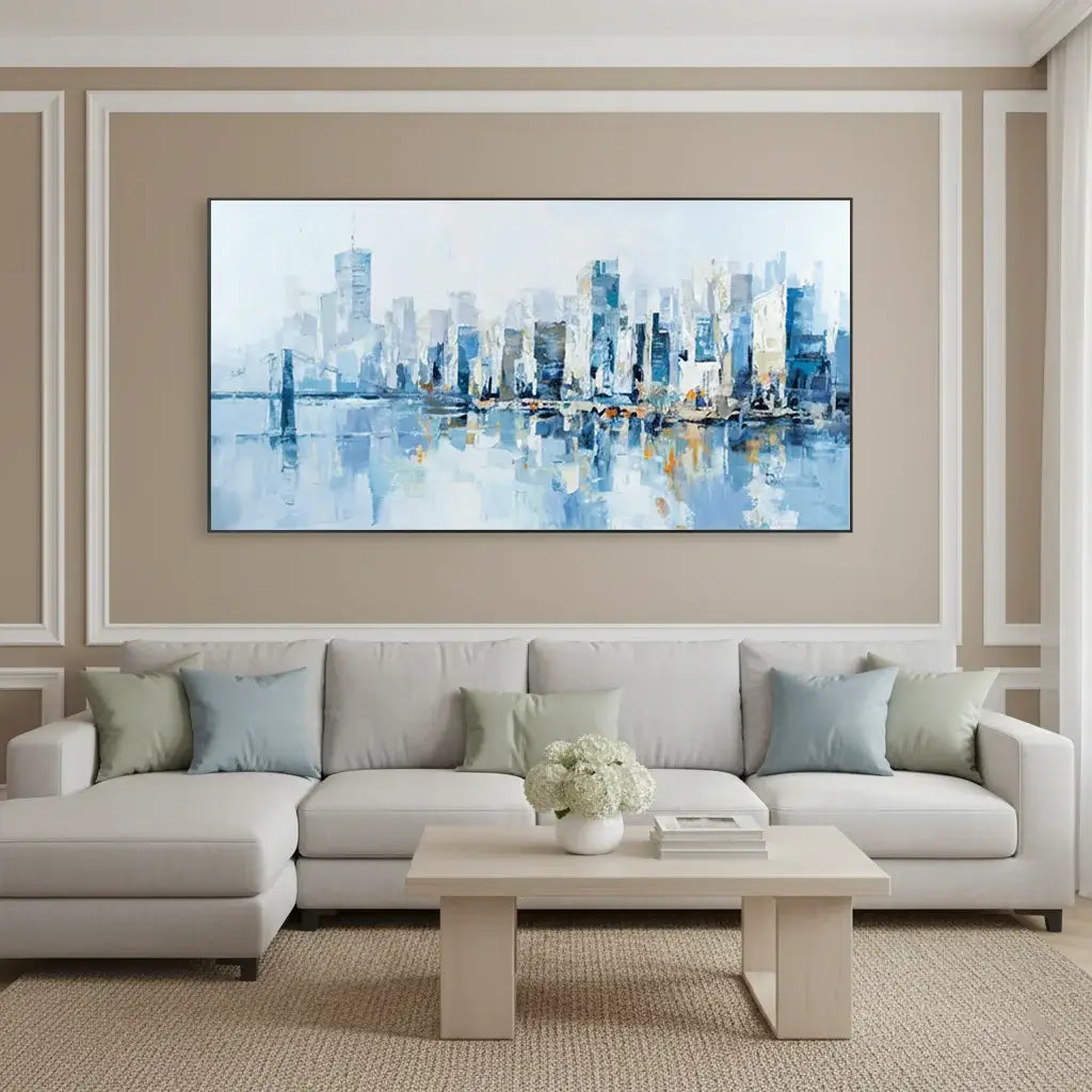 Living room with a large cityscape painting on the wall above a sofa.