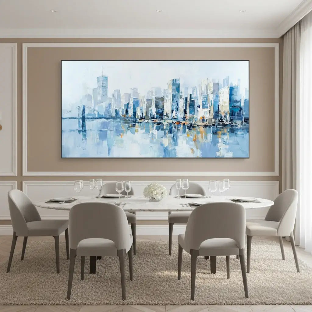 Dining room with a large abstract cityscape painting on the wall.