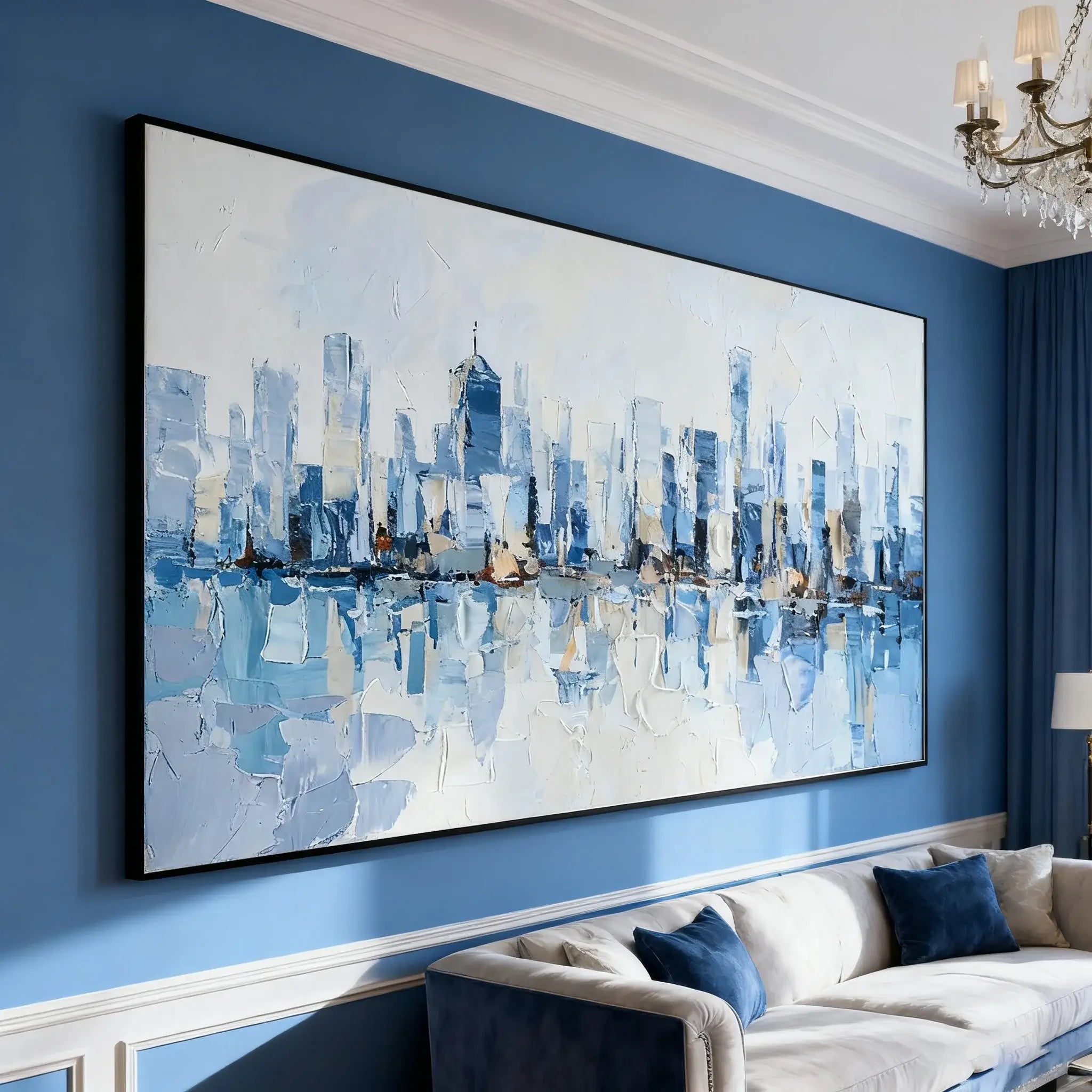 Large abstract cityscape painting on a blue wall above a sofa.