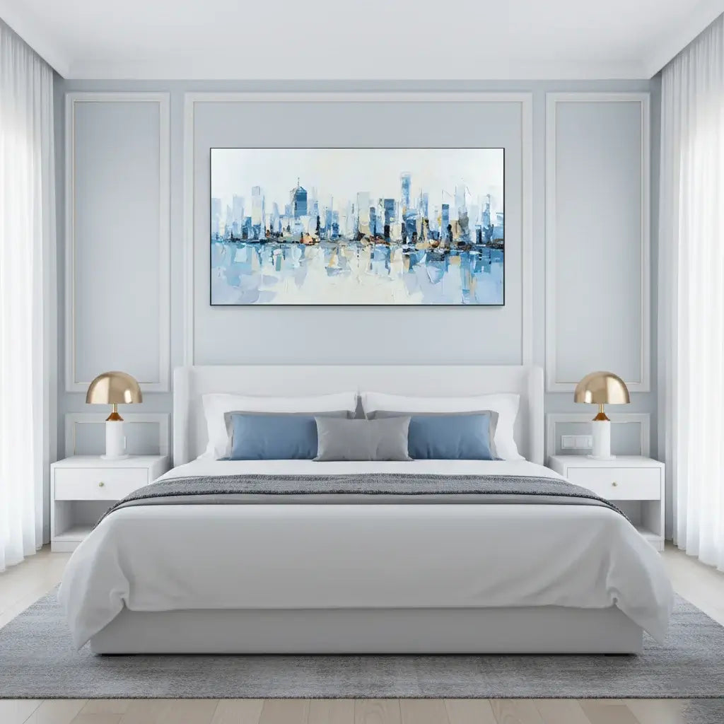 Modern bedroom with a cityscape painting on the wall