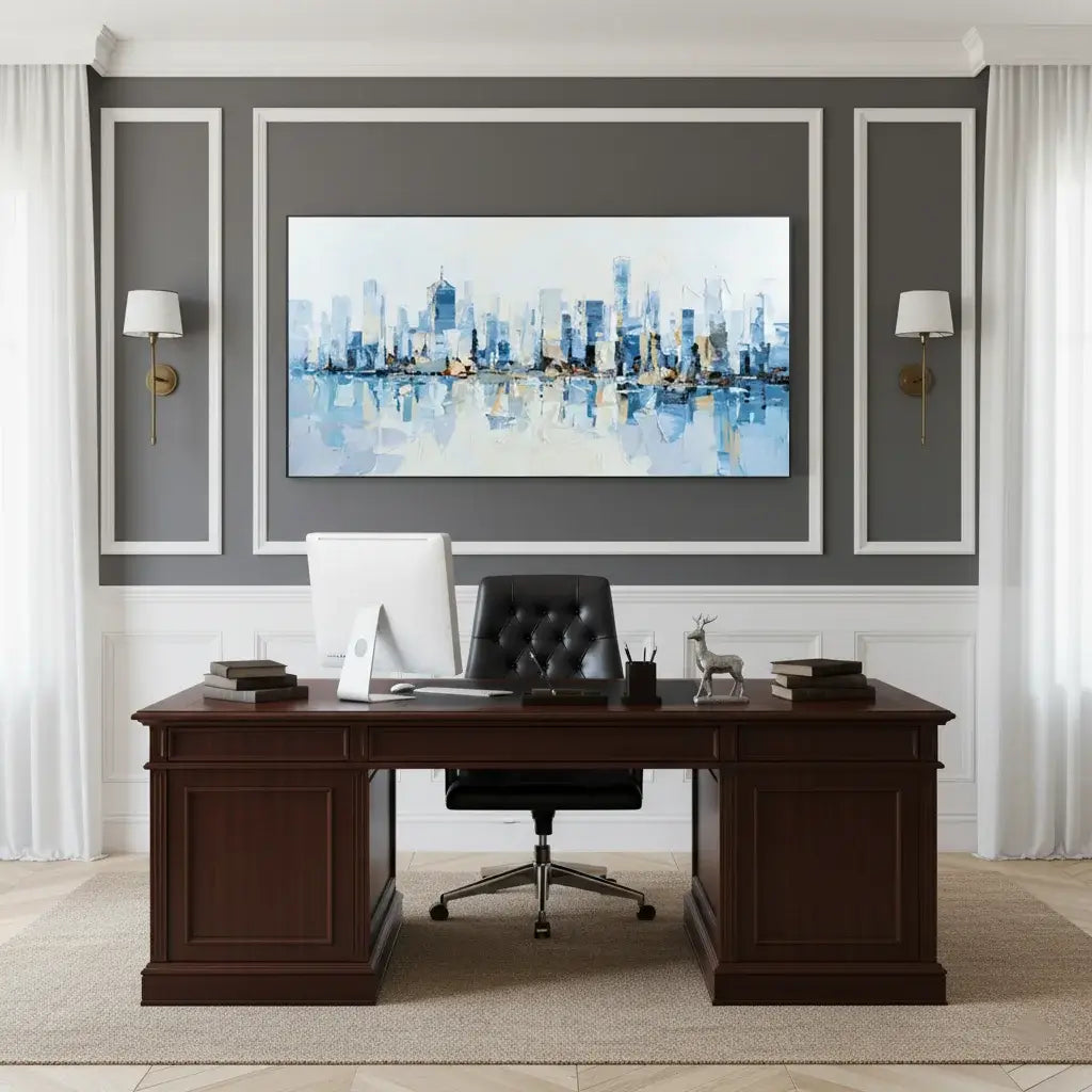 Modern office setup with a large desk, chair, and wall art depicting a cityscape.