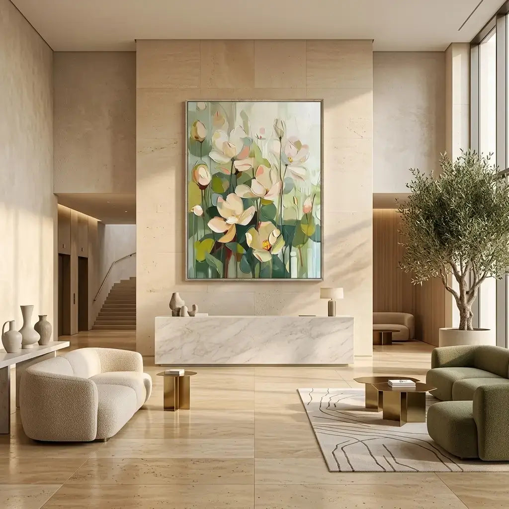 Modern interior design of a living room with a floral painting on the wall.