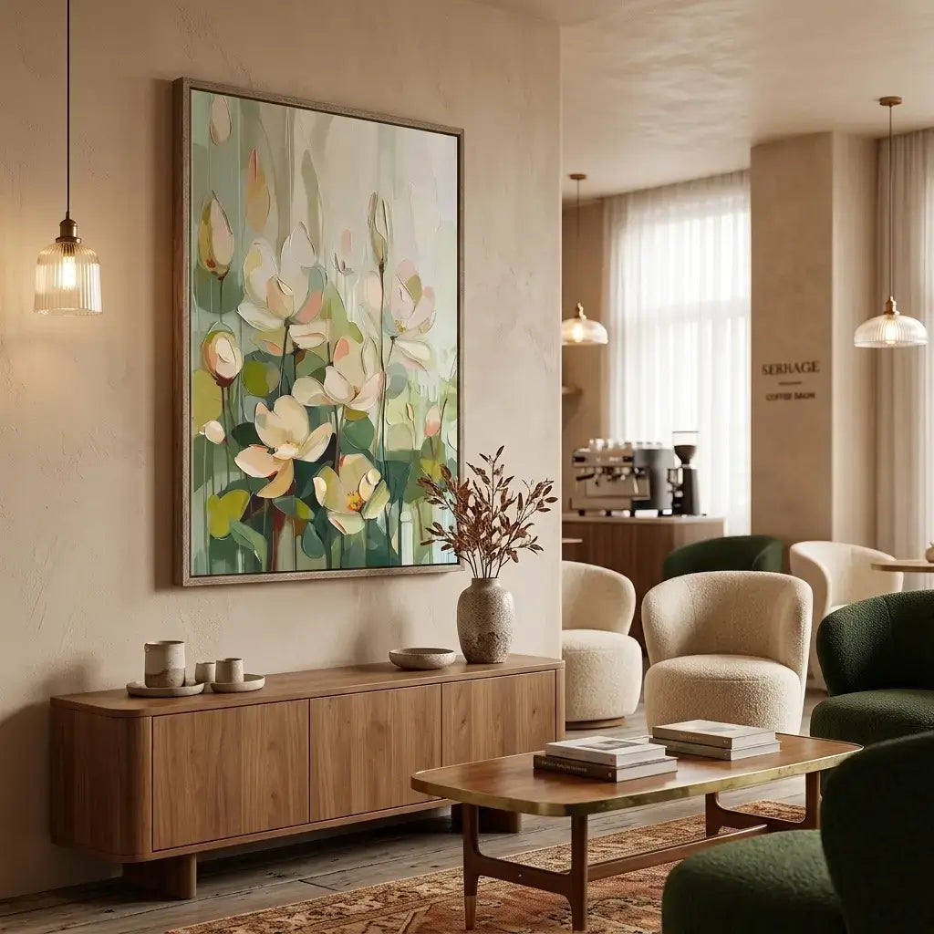 Living room with floral painting, wooden cabinet, and comfortable seating