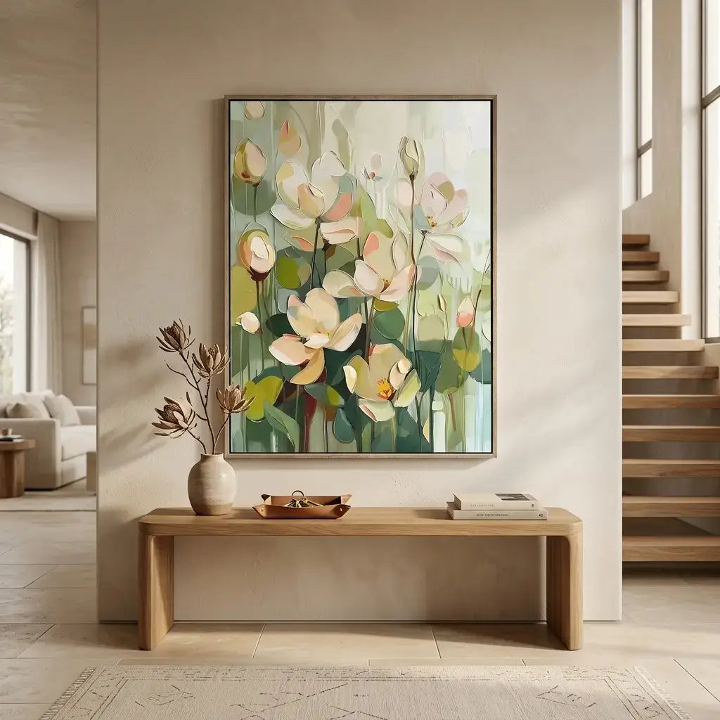 Framed floral artwork on a wall above a wooden bench in a modern living room.