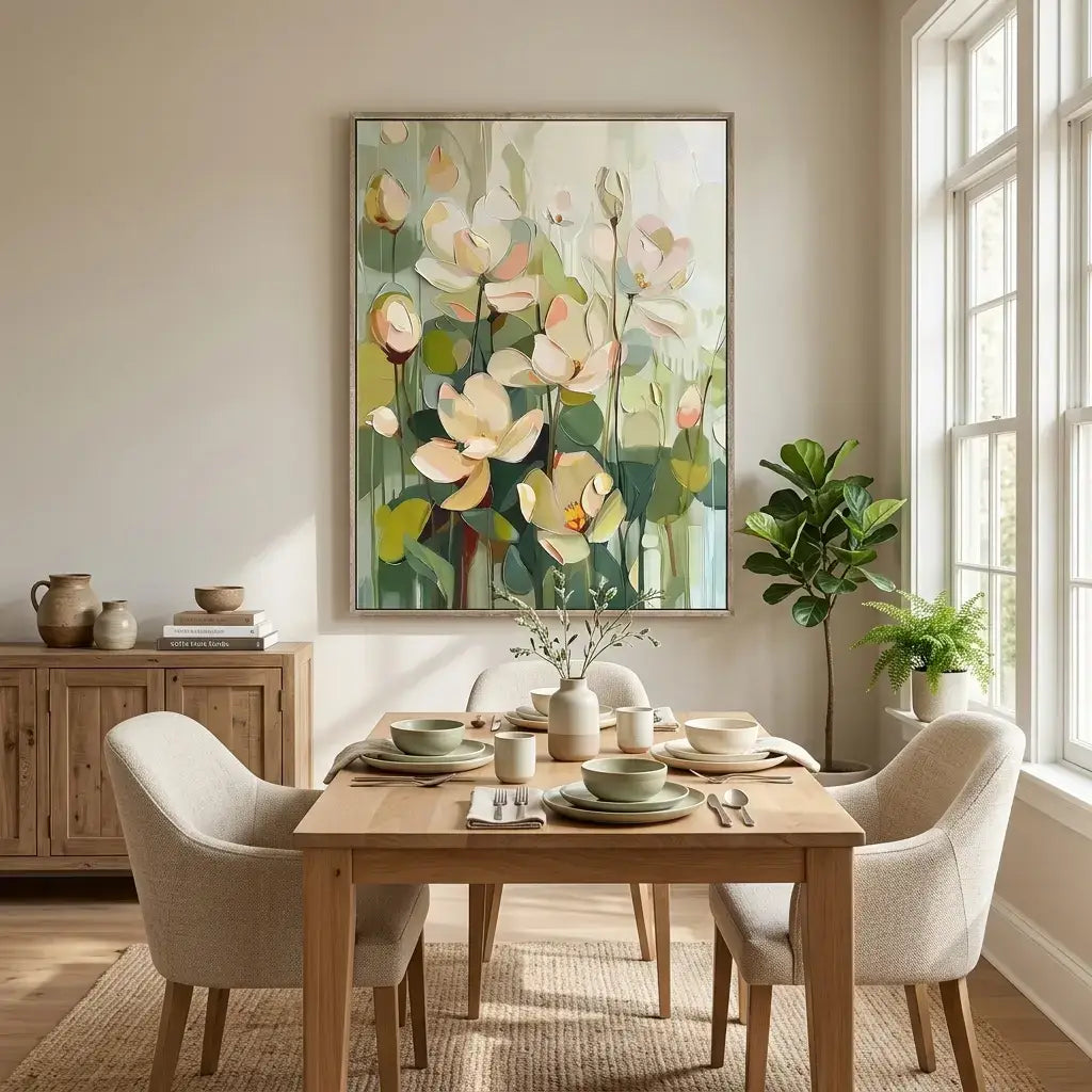 Dining room with a wooden table set for a meal, chairs, and a floral painting on the wall.