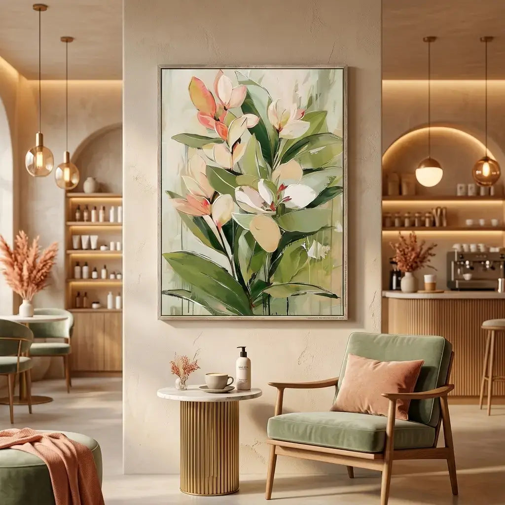 Modern interior with a floral painting on the wall, green armchair, and decorative elements.