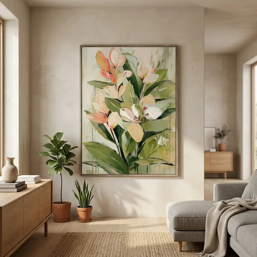 Floral artwork on a wall in a living room with plants and furniture.