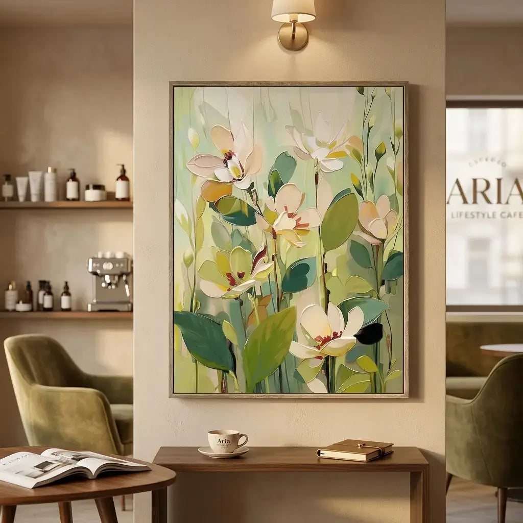 Floral painting on a wall in a cafe setting with chairs and a table.