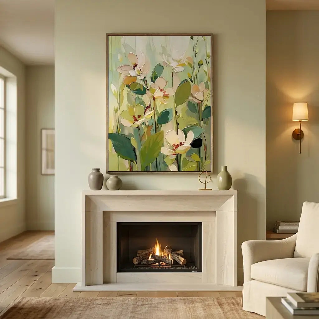 Living room with a fireplace, floral painting, and armchair.