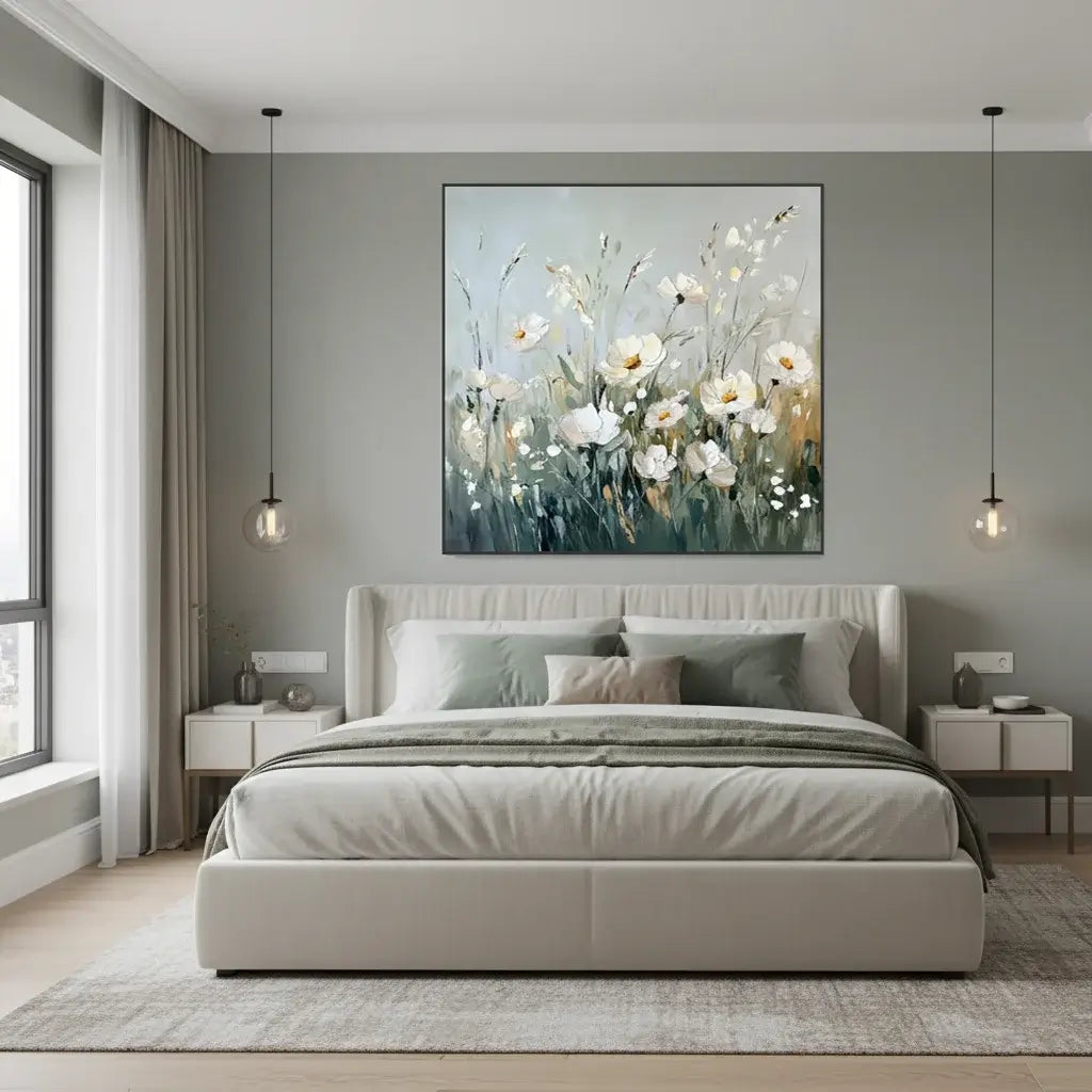 Modern bedroom with a large floral painting on the wall