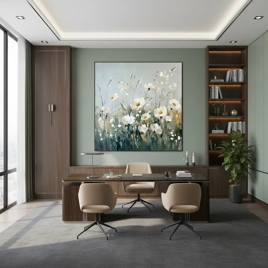 Modern office interior with a desk, chairs, and a large floral painting on the wall.