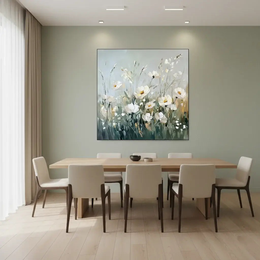 Dining room with a large floral painting on the wall