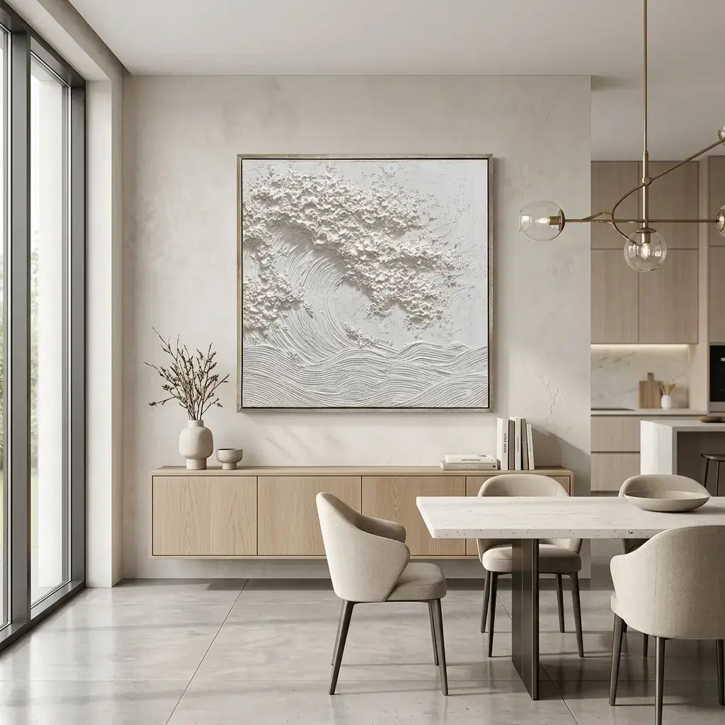 Modern dining room with abstract art, wooden furniture, and a chandelier.