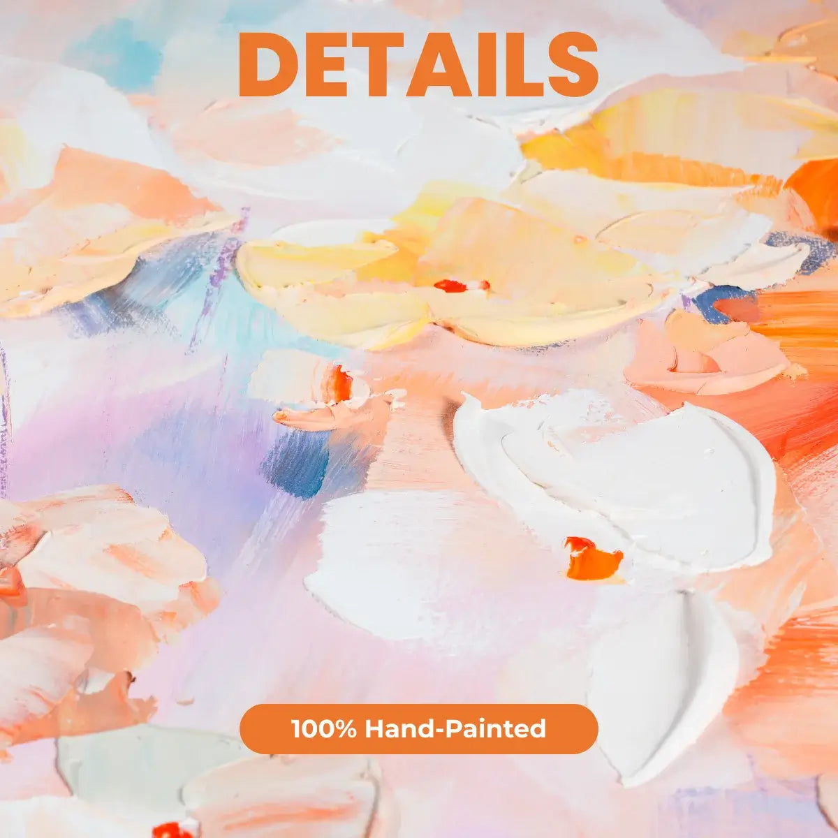 White wireless earbuds on a colorful hand-painted background with '100% Hand-Painted' text.