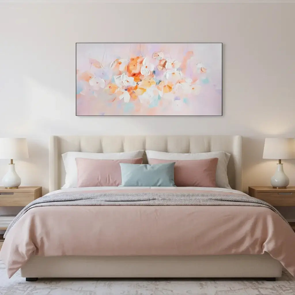 Bedroom with a bed featuring pink bedding and colorful pillows, and a large abstract painting on the wall.