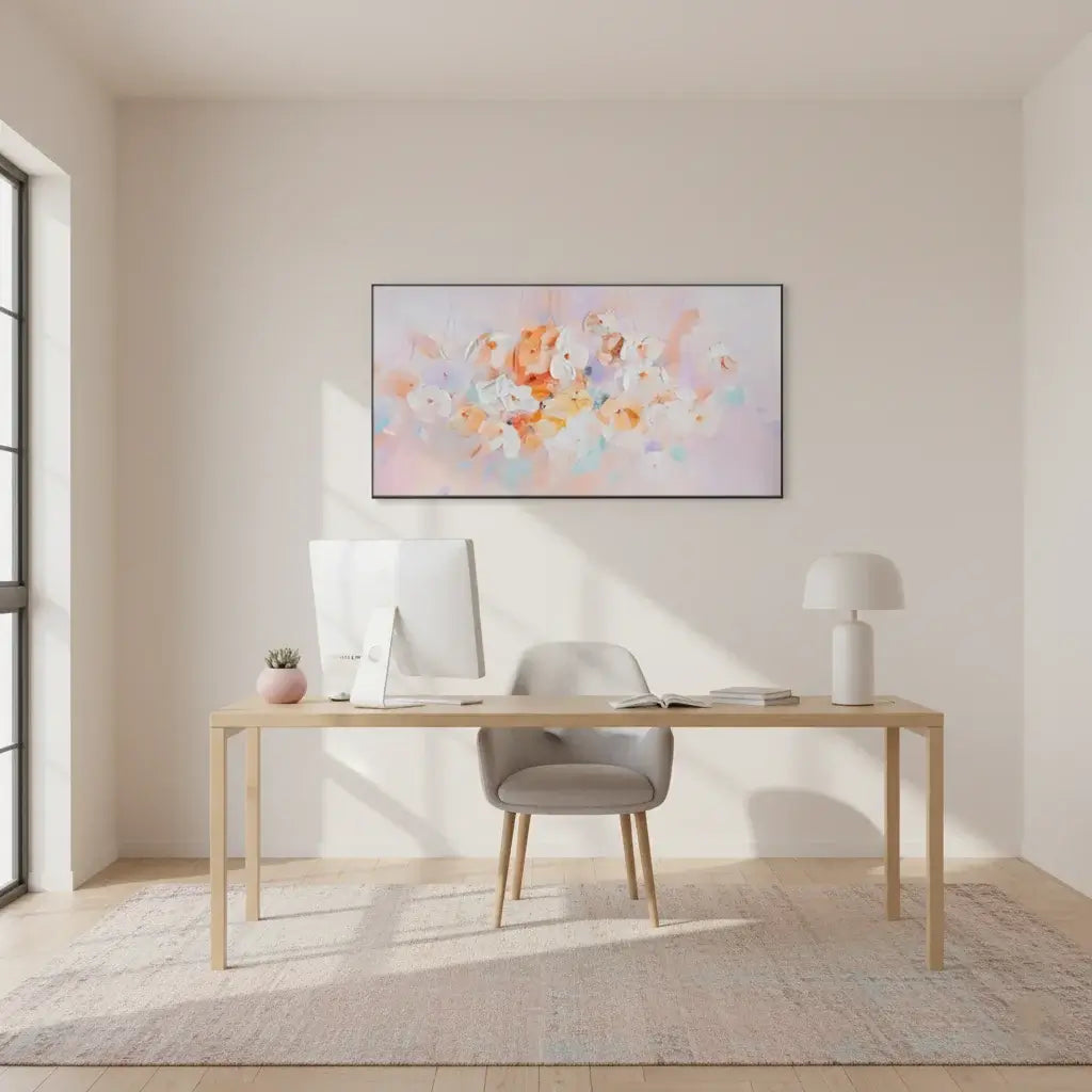 Modern home office with a desk, chair, computer monitor, and abstract artwork on the wall.