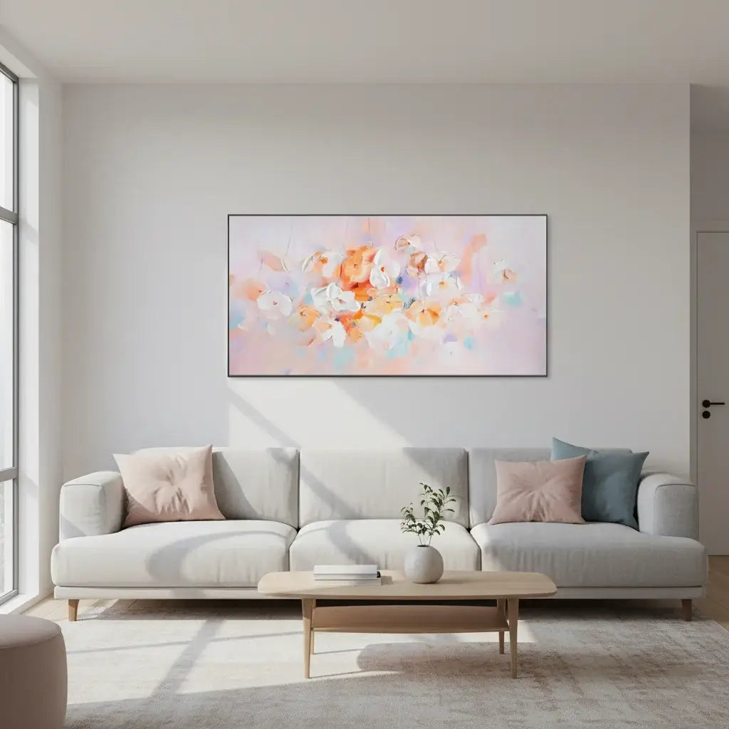 Modern living room with a gray sofa, coffee table, and abstract floral artwork on the wall.