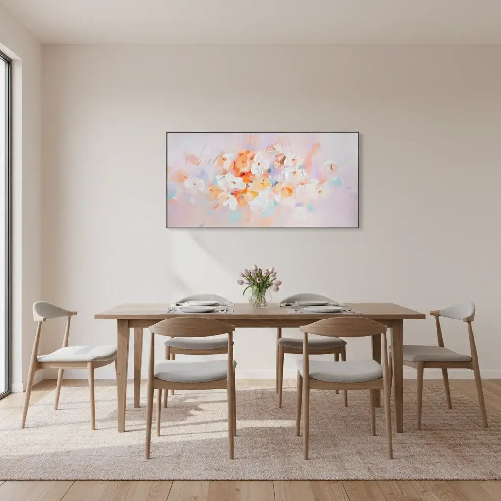 Dining room with wooden table and chairs, abstract floral painting on the wall.