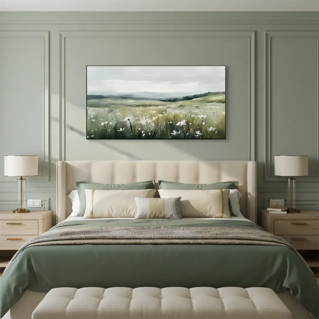 Bedroom with a large bed, green bedding, and a painting of a field on the wall.