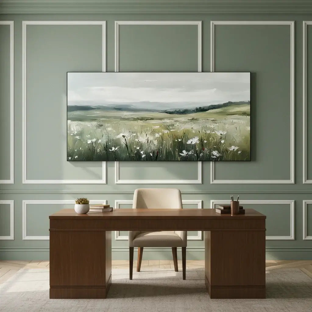 Modern office setup with a large landscape painting on the wall.