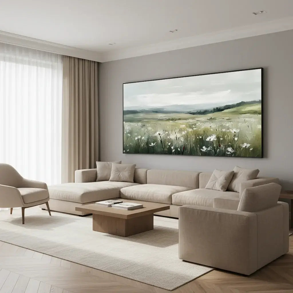 Modern living room with beige sectional sofa, armchair, and large wall-mounted painting of a landscape.