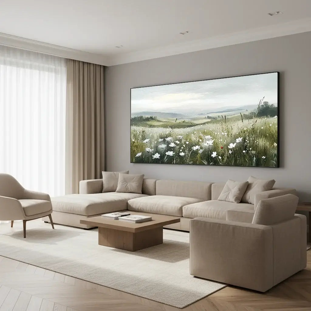 Modern living room with beige sectional sofa, armchair, and large wall-mounted landscape painting.