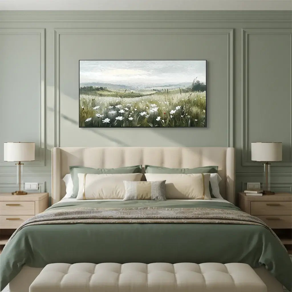 Modern bedroom with a large bed, nightstands, and a wall painting of a landscape.