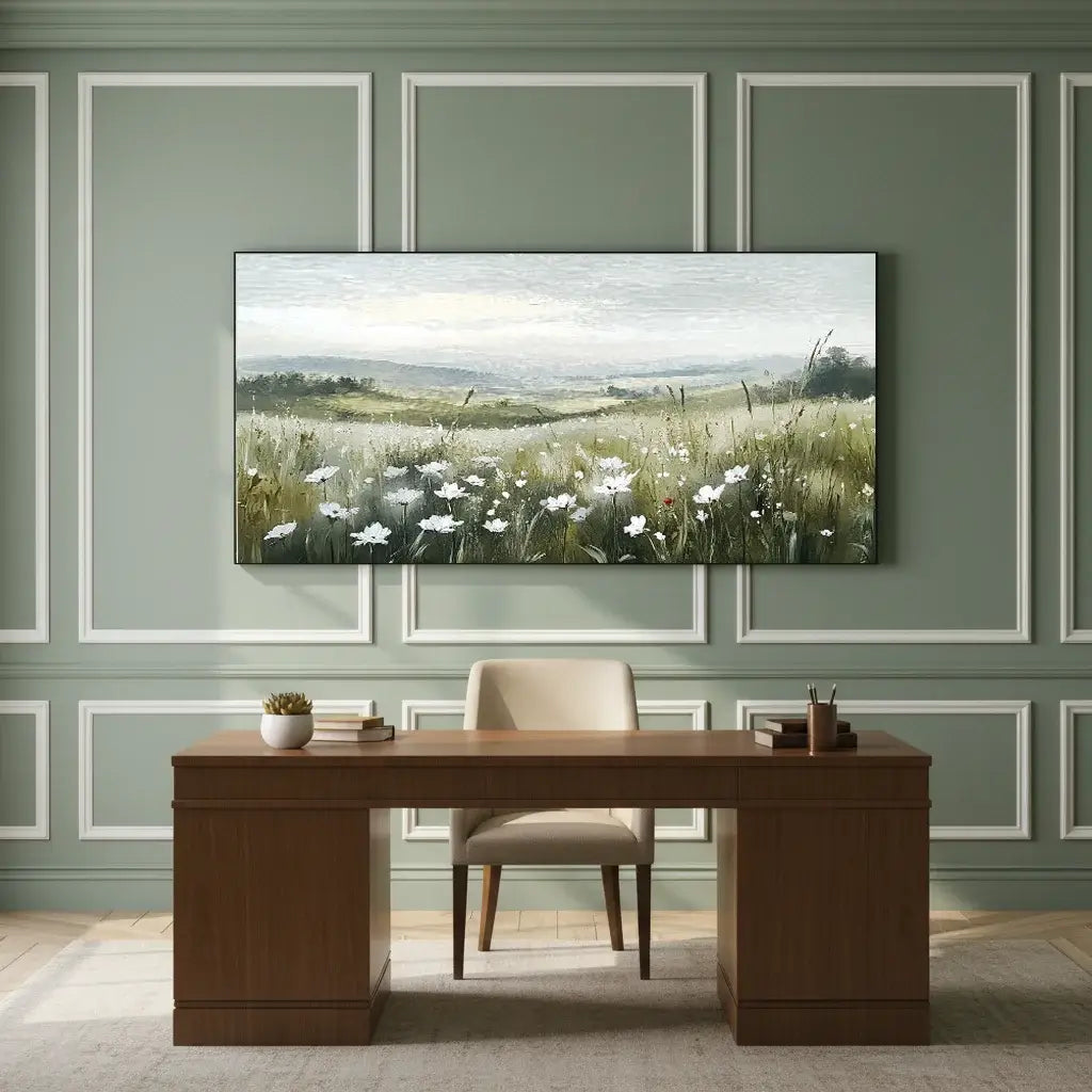 Wooden desk with chair against a wall with framed landscape art