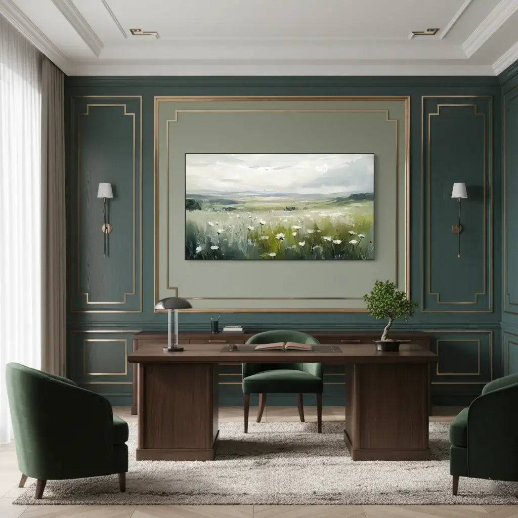 Modern office interior with a large desk, chairs, and a wall-mounted painting.