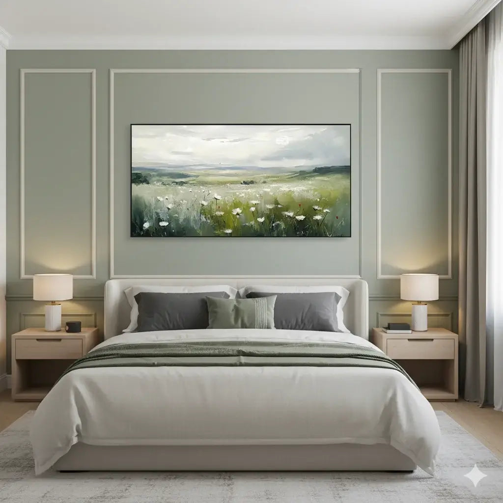 Modern bedroom with a large painting of a field on the wall above a bed.