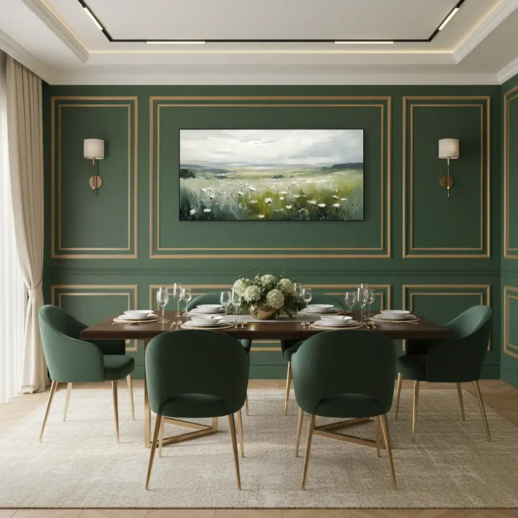 Dining room with green walls, a large painting, and a set table.